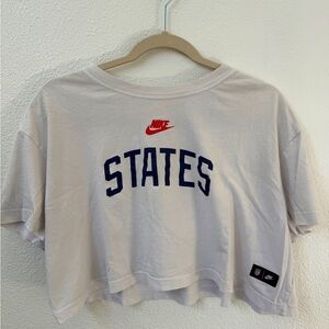 Unique Nike White Crop Top with Blue 'STATES' Print